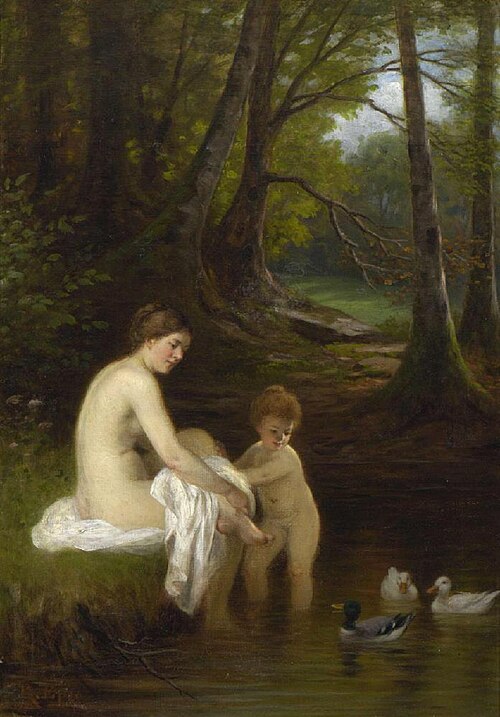 Badende Mutter mit Kind im Waldteich / Badende am Waldteich, 1890, Rudolf Epp