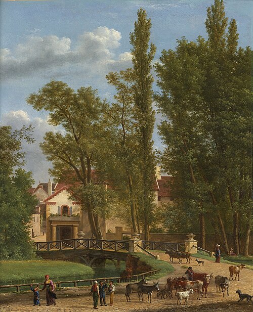 Villageois et les animaux dans un paysage à côté d'un pont à l'entrée d'un village, 1830, Jean-Joseph-Xavier Bidauld