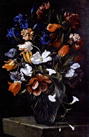 Still life of flowers in a vase on a stone slab, 1670, Jean-Michel Picart