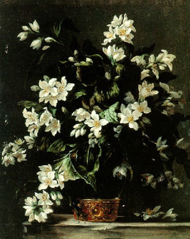 Bouquet of syringa in a glass vase resting on a ledge, 1670, Jean-Michel Picart