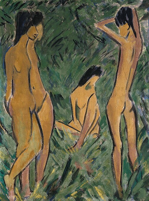 Boy in front of two standing nudes and a seated nudes, 1910, Otto Mueller