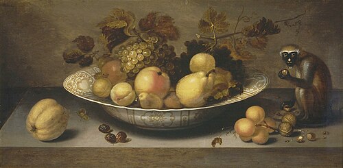 Still life with a dish of fruit and a monkey, 1650, Jean Bouman