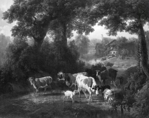 Village - landscape with cows, 1840, Robert Eberle
