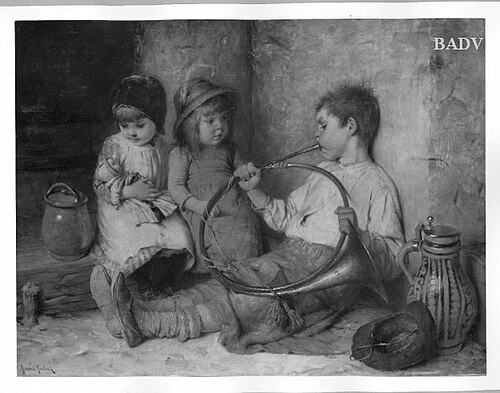 Zwei Mädchen und ein Knabe Horn blasend, 1885, Hermann von Kaulbach