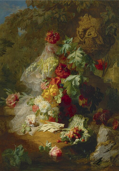 Still Life in a park with an urn of "Venus and Adonis", 1870, Jean-Baptiste Robie