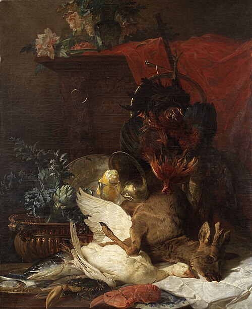 Nature morte au gibier, fleurs et fruits, 1853, Jean Robie