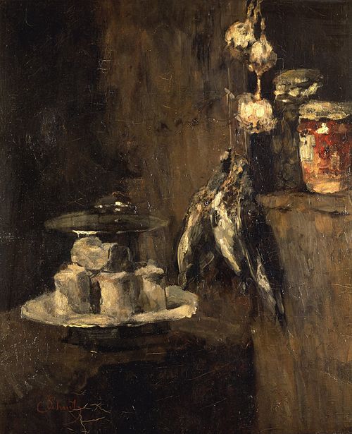 Nature morte aux perdrix et aux fromages, 1884, Carl Schuch