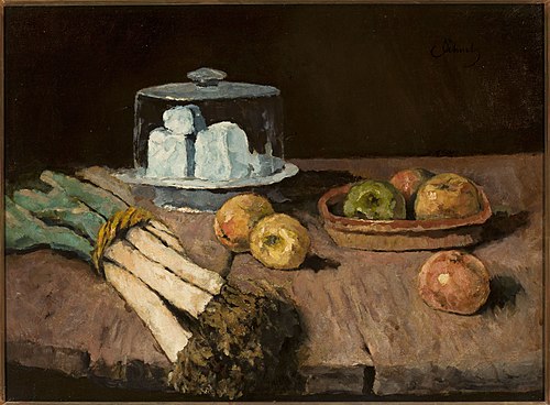 Nature morte aux poireaux, fromage et aux pommes, 1880, Carl Schuch