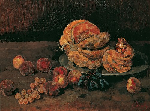 Stillleben mit Kürbis, Pfirsich und Weintrauben, 1884, Carl Schuch