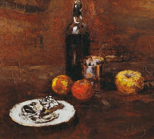 Stillleben mit drei Äpfeln und Käse in Staniol, 1886, Carl Schuch