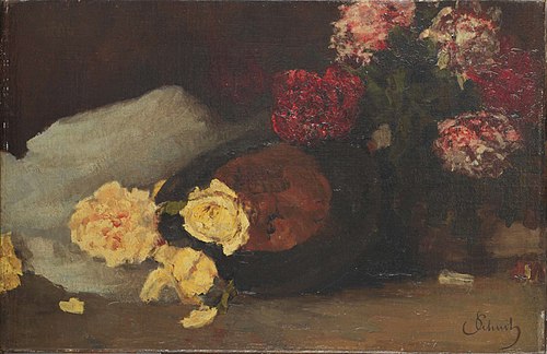 Still Life with Tea roses, peonies and Chapeau Claque, 1890, Carl Schuch