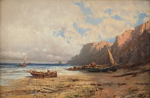 Steep Coastline with a Beach and Fishing Boats, , Eduard Hildebrandt