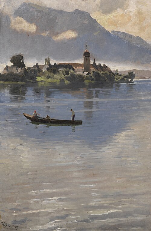 Kahnfahrt auf dem Chiemsee vor der Fraueninsel., 1870, Karl Raupp