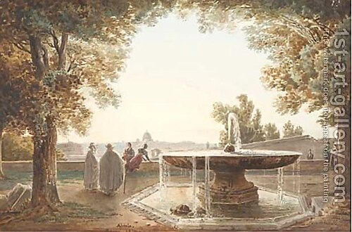 A view of Rome from the terrace of the Villa Medici, a fountain in the foreground, 1830, Jodocus Sebastiaen van den Abeele