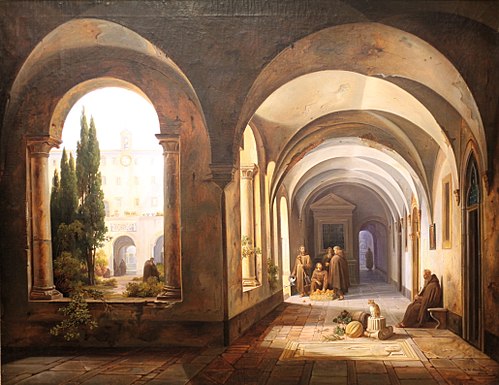 Moines franciscains dans le cloître de Santa Maria d'Aracoeli à Rome, 1842, Jodocus Sebastiaen van den Abeele