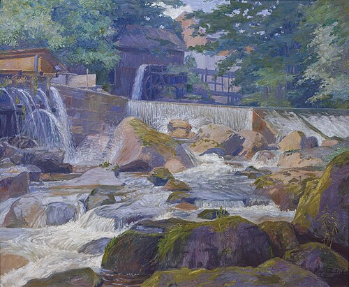 Flusswehr mit Mühle, Klam bei Grein, 1913, Hugo Schubert