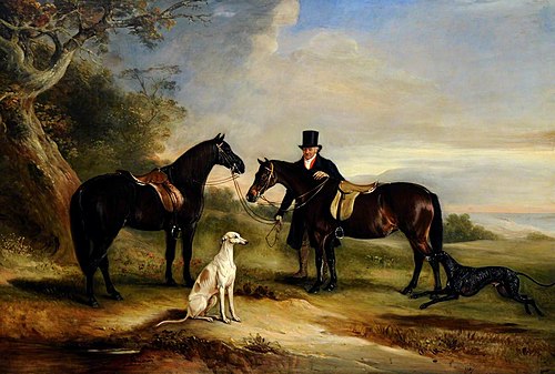 A Groom (Frank Spence) with Two Ponies and Two Greyhounds in a Landscape, 1837, John Ferneley