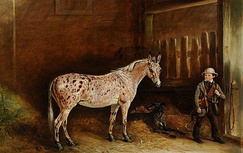 A Strawberry Mule and Two Lurchers in a Stable and a Stable Lad, 1850, John Ferneley