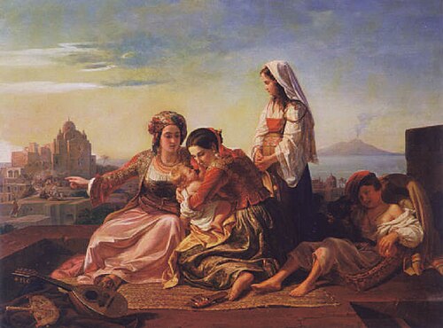 Amusing the baby, the bay of Naples in the distance., 1842, Hermann Kretzschmer