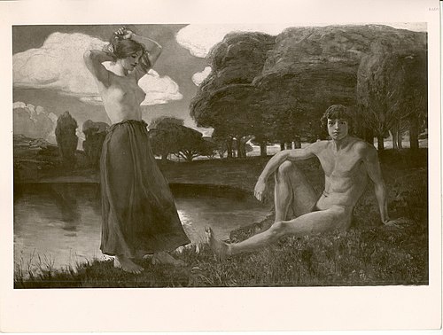 "Idyll", männlicher Akt und weiblicher Halbakt in einer Landschaft, 1886, Ludwig von Hofmann