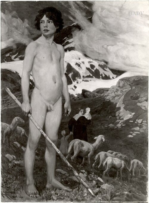 nude shepherd boy in the mountains, 1900, Ludwig von Hofmann