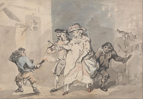 The Inn Door (A Man escorted by two link boys to a door to the left), , Thomas Rowlandson