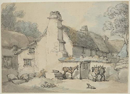 Mounting steps outside a farmhouse, 1797, Thomas Rowlandson