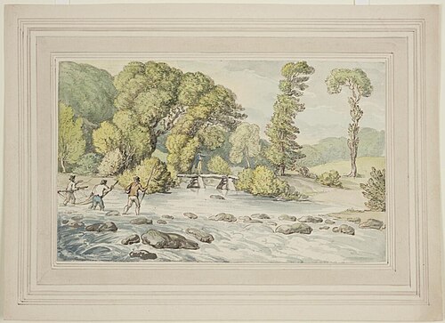 Fishermen by stone bridge, , Thomas Rowlandson