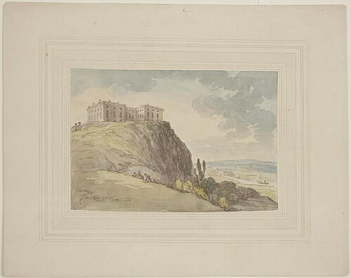 Landscape with mansion set upon a cliff, , Thomas Rowlandson