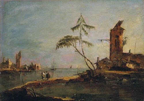 Vue de l'entrée d'un chenal avec deux tours, 1770, Francesco Guardi
