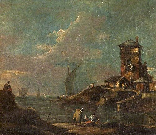 Capriccio with Rustic Tower, Houses and Boats, 1777, Francesco Guardi