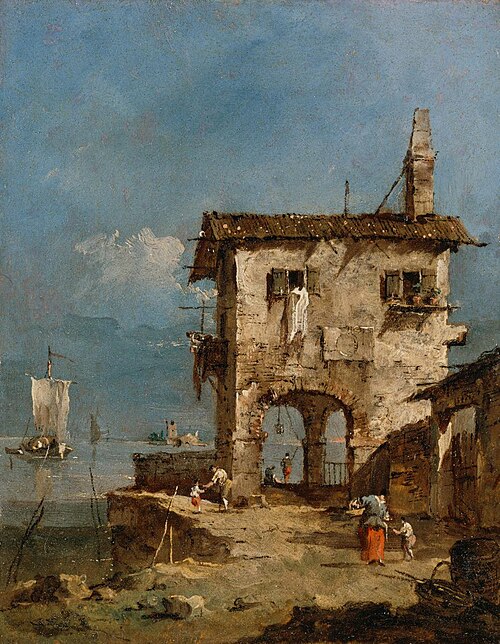 Capriccio con chiesa diroccata, casa rustica e figurine varie in riva alla laguna, 1781, Francesco Guardi