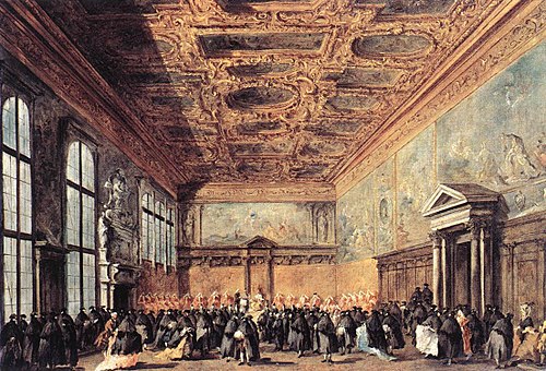 L'audience accordée par le doge de Venise dans la salle du Collège au palais ducal, 1775, Francesco Guardi
