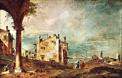 Capriccio: Ruins of an Arch and Farmhouses by a Lagoon, 1780, Francesco Guardi