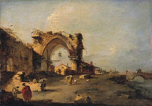 Vue d'une bourgade avec un pont et une porte gothique monumentale en ruine, 1770, Francesco Guardi