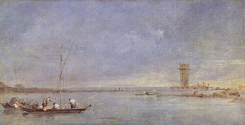 View of the Venetian Lagoon with the Tower of Malghera, 1770, Francesco Guardi