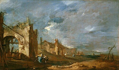Ruined Buildings and Figures at the Edge of the Lagoon, 1757, Francesco Guardi