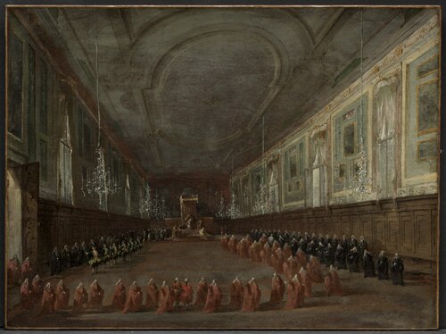 Pope Pius VI Descending the Throne to Take Leave of the Doge in the Hall of SS. Giovanni e Paolo, 17, 1783, Francesco Guardi