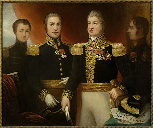 Le général Léopold Hugo avec deux de ses frères et son fils Abel en uniforme de la Restauration, 1825, Julie Duvidal de Montferrier