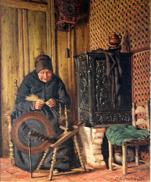 Old Woman at a Spinning Wheel ("A 90-year old, spinning"), 1866, Carl Ludwig Jessen
