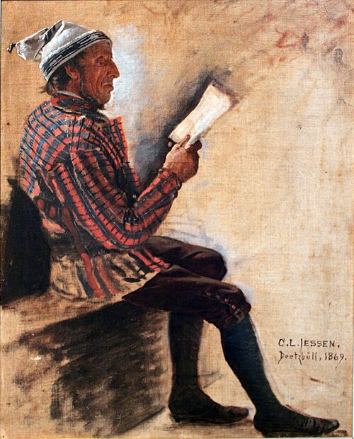 Reading farmer with a pointed cap, 1869, Carl Ludwig Jessen