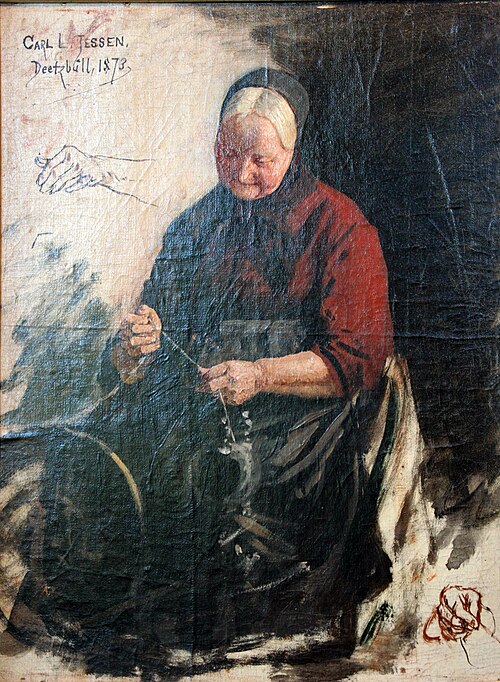 Old Woman at a Spinning Wheel, 1873, Carl Ludwig Jessen