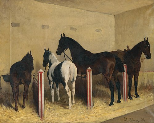 Horses in the stable, 1876, Julius von Blaas