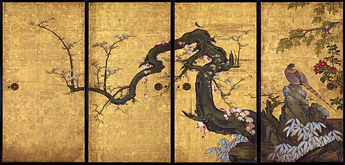 Frolicking Birds in Plum and Willow Trees, 1631, Kanō Sansetsu