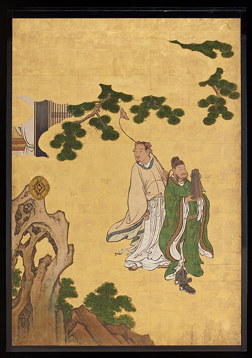 Cao Guojiu (left) and Lan Caihe (right) [left of the set Daoist Immortals], 1646, Kanō Sansetsu