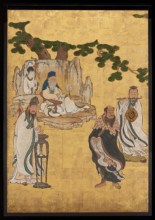 Old Man of the Southern Pole (under tree), Lü Dongbin (left), Zonglin Quan (center), Xue Shenwong (r, 1646, Kanō Sansetsu
