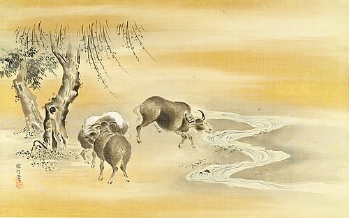 Three Black Buffalo under a Willow Tree by a Stream, 1683, Kanō Tanshin