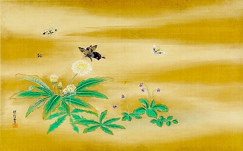 Three Butterflies and a Bee Amid Wild Daisies and Violets, 1683, Kanō Tanshin