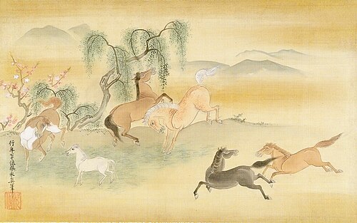 Six Horses in a Field with Peach and Willow Trees, 1683, Kanō Yasunobu
