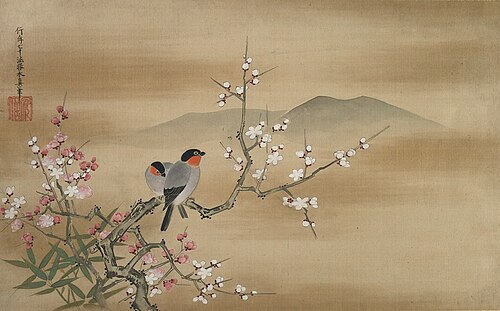 Java Sparrows on White and Pink Plum, 1683, Kanō Yasunobu